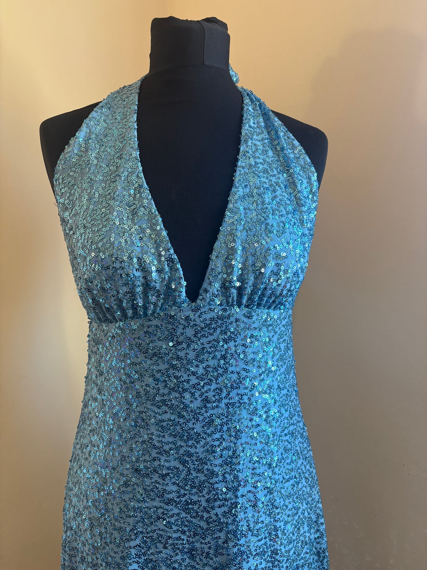 Shimmering Y2K style Aqua Marine Sequin Halter neck